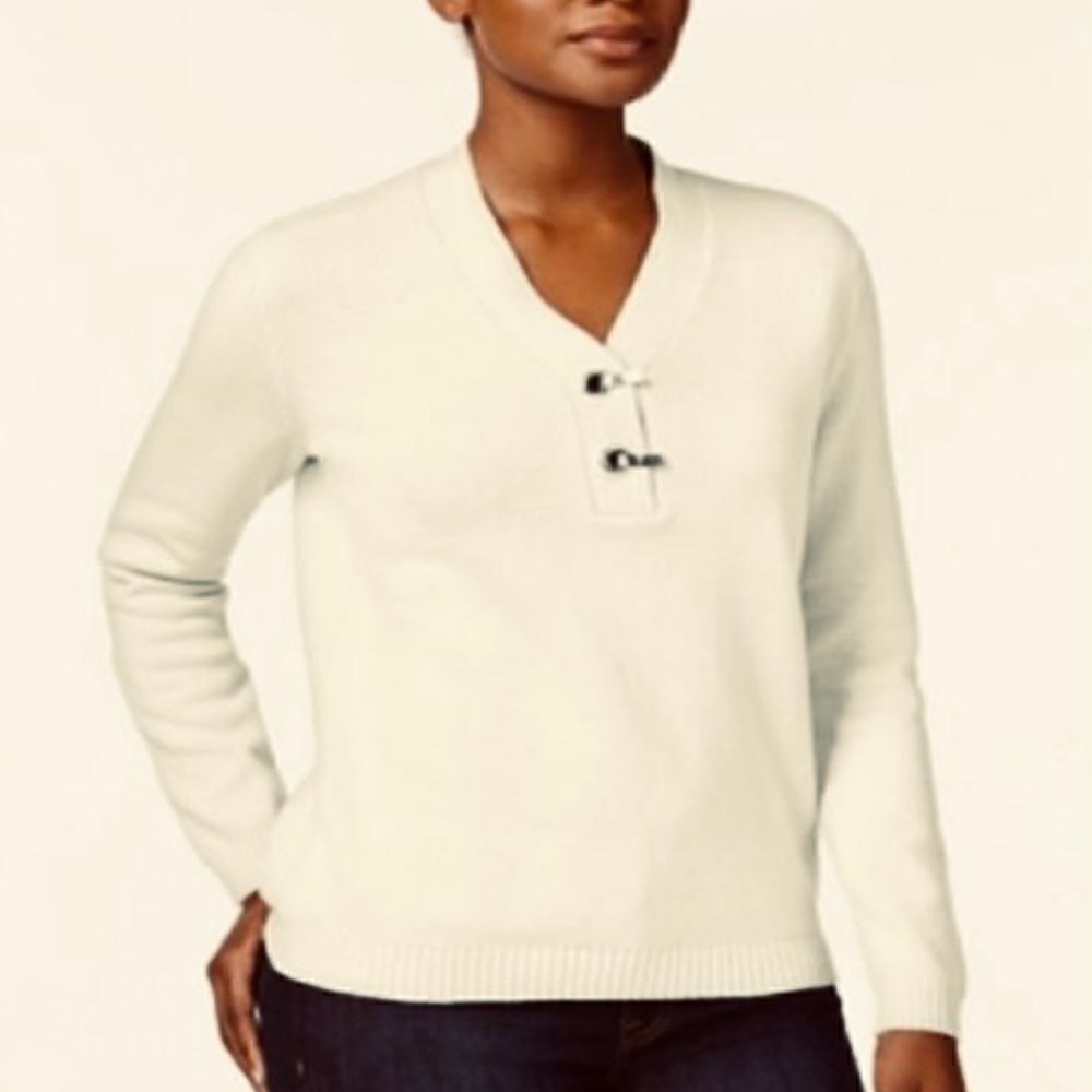 Karen Scott Cream V-neck Pullover Henley Sweater Size Large
